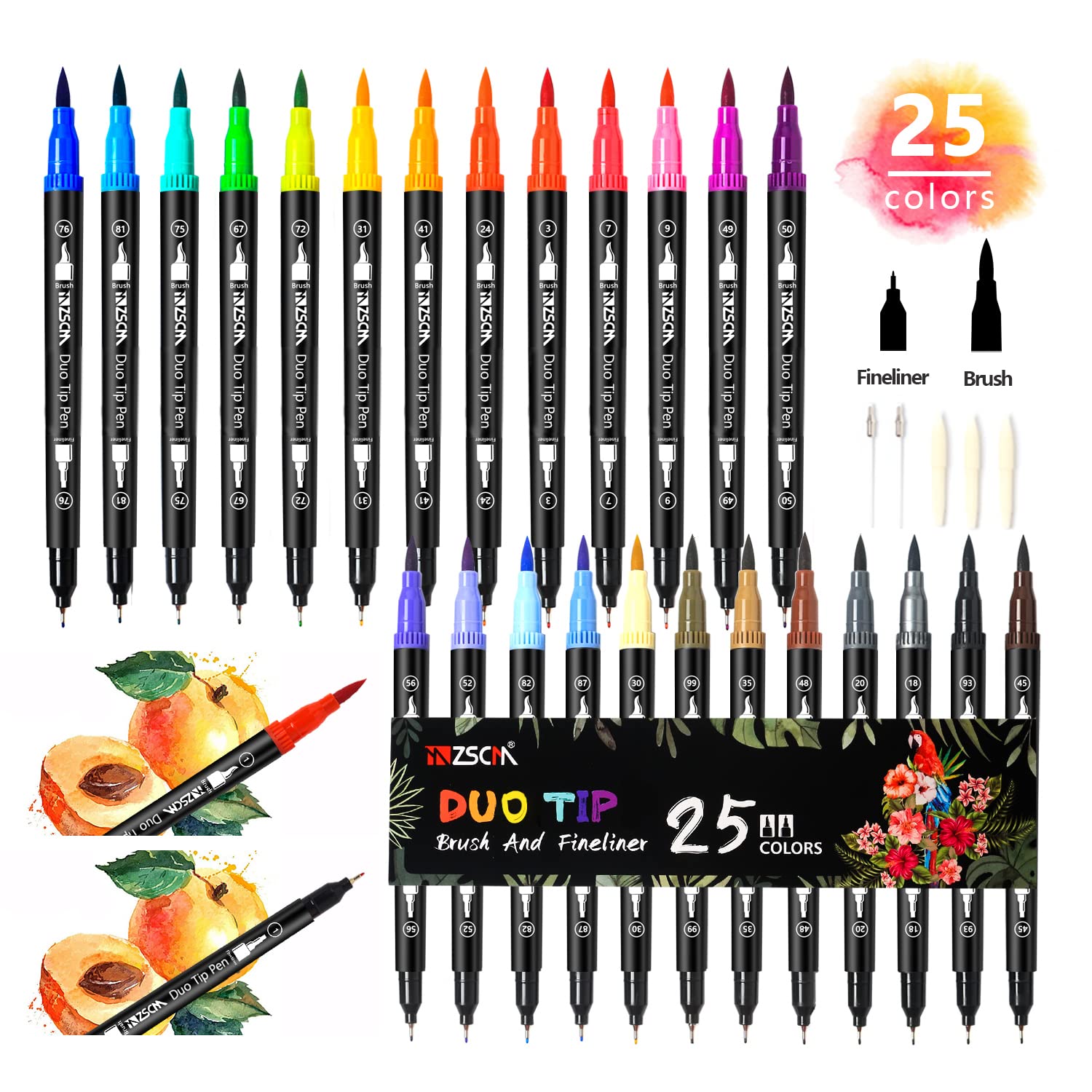 ZSCM 25 Fine Tip Markers, with Watercolor Markers, Double Fine Tip, for Adults, Coloring Books, Calligraphy and Drawings, Illustrations, Sketches…