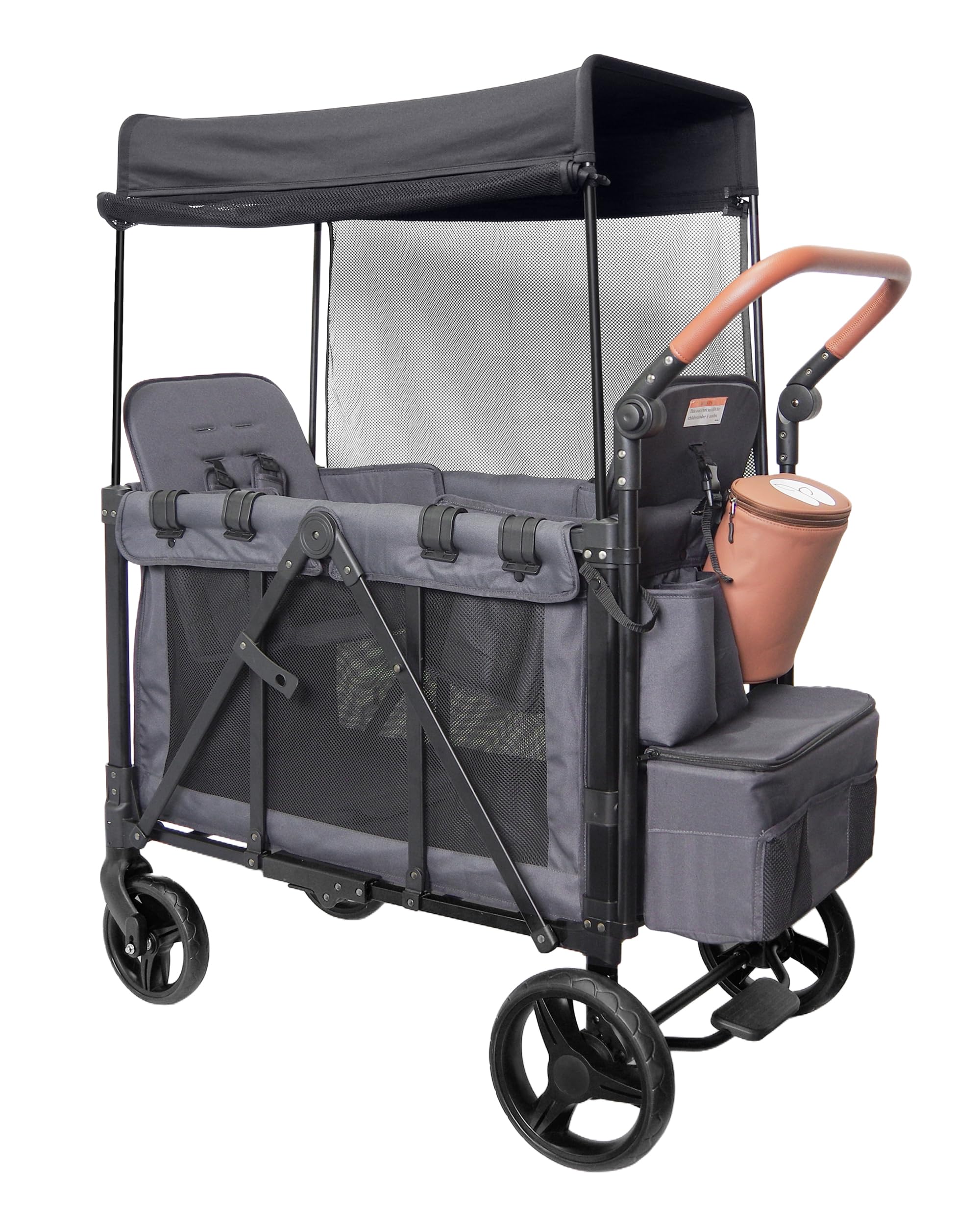 Photo 1 of Wagon Stroller for 2 Kids with Insulated Snack Pack Foldable All-Terrain Wagon Stroller, 5-Point Harness & Canopy Parent Organizer Adjustable Handle (Grey)