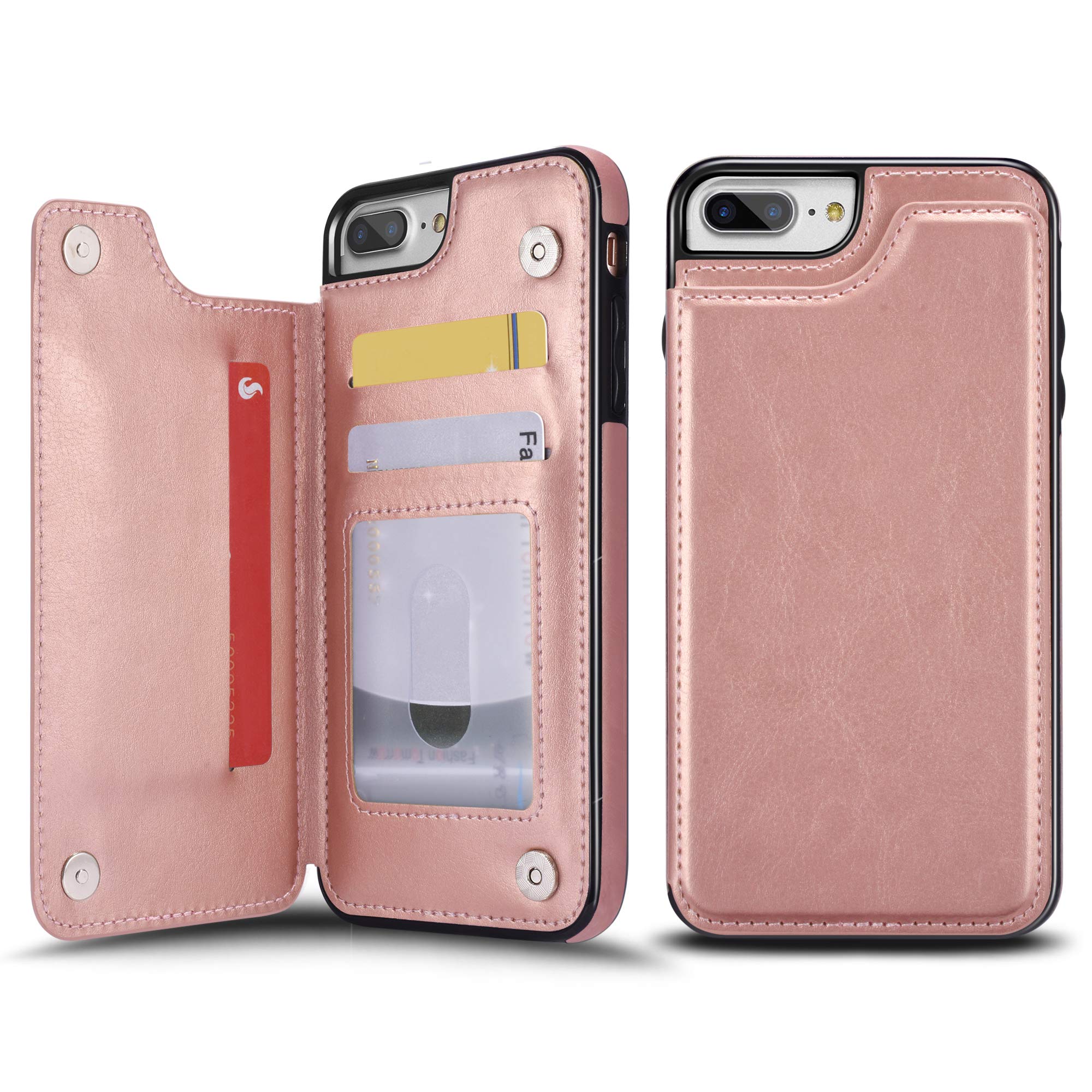 UEEBAI Case for iPhone 7 Plus iPhone 8 Plus, Luxury PU Leather Case with [Two Magnetic Clasp] [Card Slots] Stand Function Practical Soft TPU Case Back Wallet Flip Cover for iPhone 7 Plus - Rose Gold