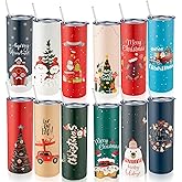 Sliner 12 Pcs Christmas Tumblers Set 20 oz Stainless Steel Tumbler Bulk with Lid and Straw Double Vacuum Insulated Cup Holiday Gift Snowman Santa Travel Mug for Men Women Party Supplies(Tree)