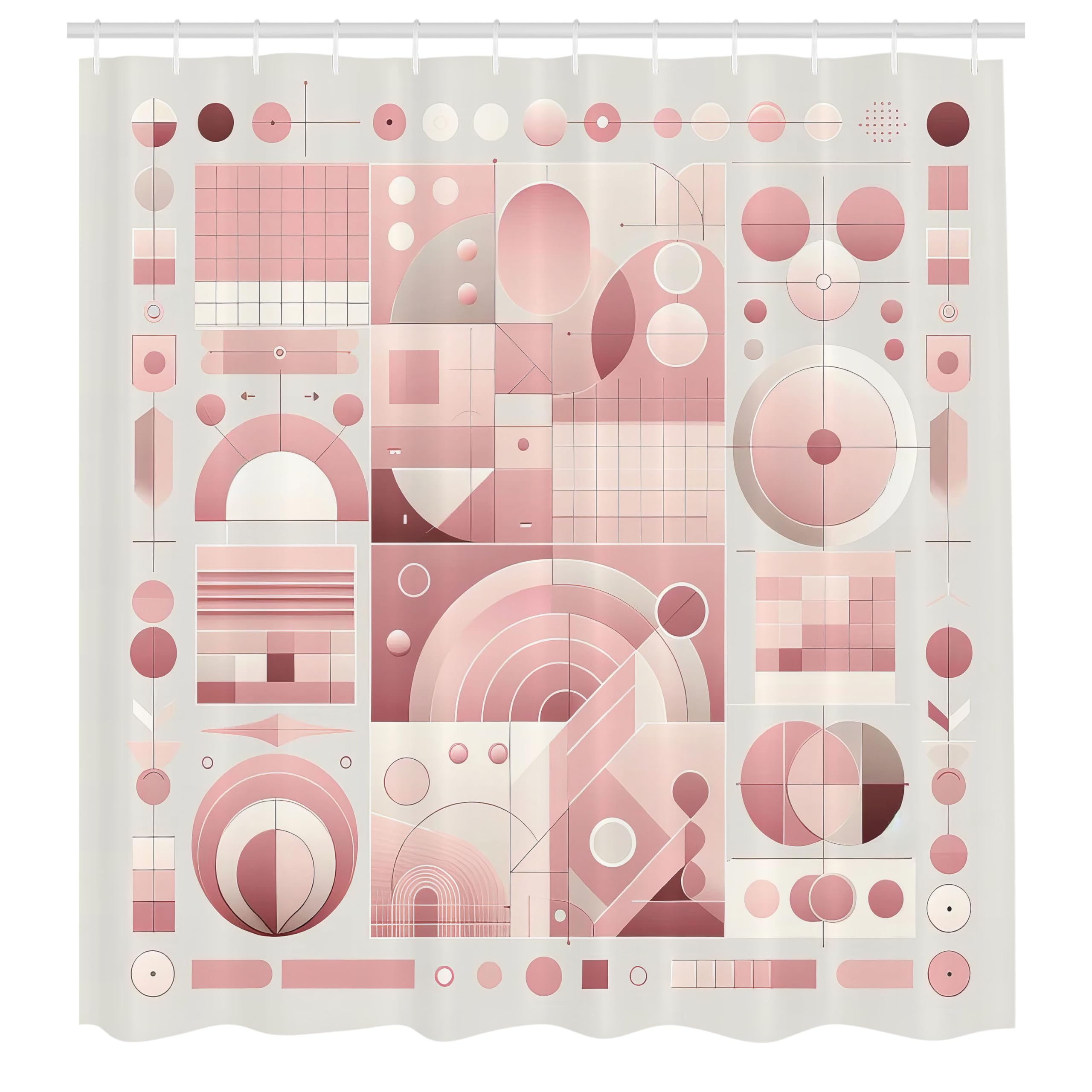 ABAKUHAUS Pink Shower Curtain, Mid Century Modern Rounds Boho, Cloth Fabric Bathroom Decor Set with Hooks, 175 x 200 cm, Dimgray Coconut Pearl