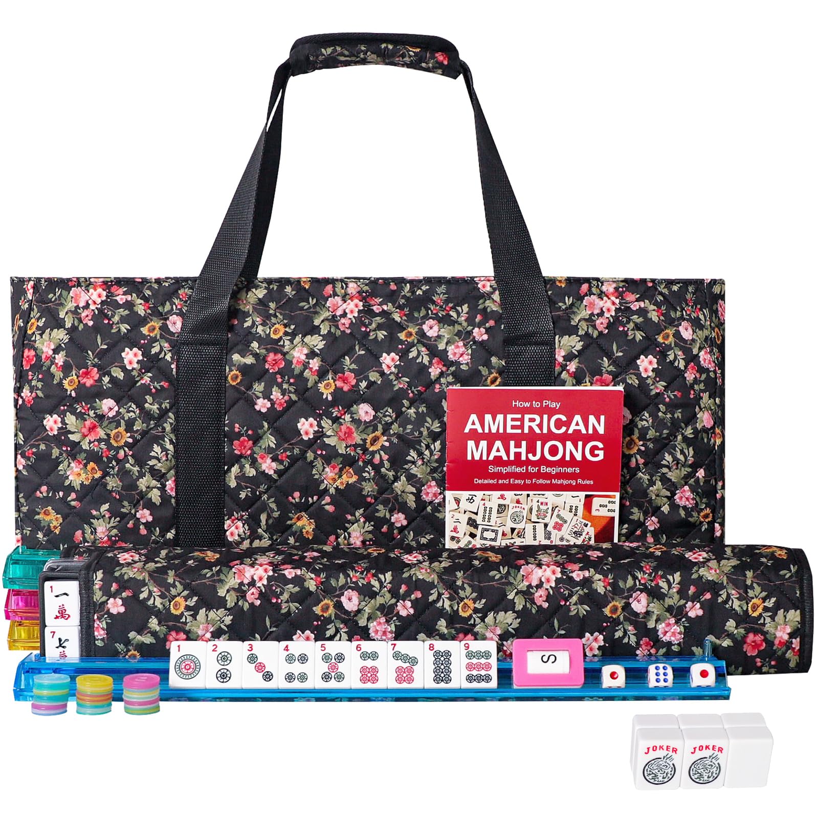 American Mahjong Game Set, 166 Premium White Tiles, 4 All-in-One Color Rack/Pushers, Complete Mahongg Tile Set，Flower Printed Carrying Bag (Rectangular, Black)
