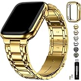 Fullmosa Bands Compatible with Apple Watch Band 45mm 44mm 42mm, Stainless Steel iWatch Band with Case for Apple Watch Series 9 8 7 6 5 4 3 2 1 SE3/2/1, Golden