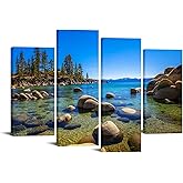 iKNOW FOTO Lake Tahoe Sand Harbor Beach Canvas Wall Art - 4-Panel Mountain and Lake Photography - Sierra Nevada Landscape Nature Decor - Ready to Hang 48"x32" Wall Art for Nature Lovers