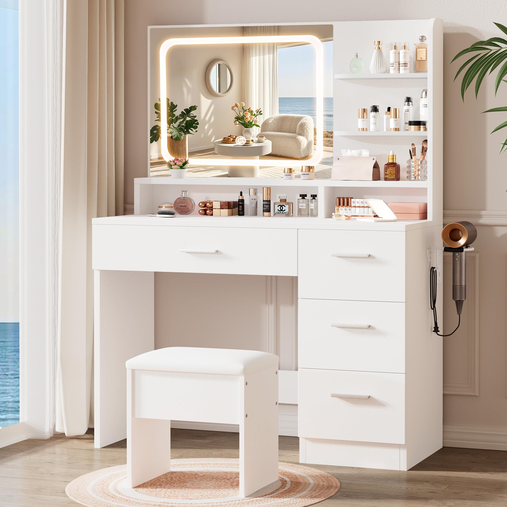 Photo 1 of *** PARTS ONLY - PARTIAL SET *** LIVELYGLOW Makeup Vanity Desk with Smart LED Mirror & Charging Station, 35.4" White Vanity Table Set with Cushioned Stool, 4 Drawers & Hairdryer Rack, Modern Bedroom Dressing Table-White