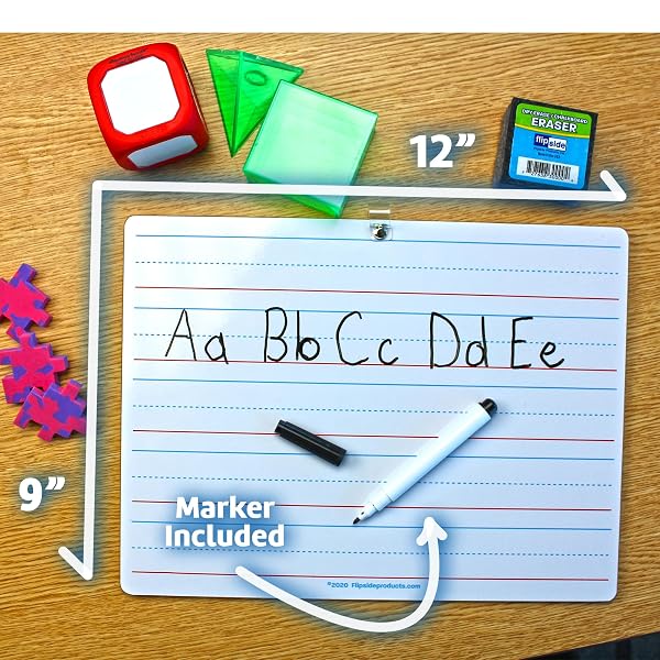 FLIPSIDE PRODUCTS 9″ X 12″ TWO SIDED DRY ERASE RED & BLUE RULED WITH ATTACHED MARKER, LEARN TO WRITE, LINED FOR WRITING PRACTICE, PACK OF 12