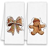 Xmsaitar Christmas Bow Coquette Cookie Kitchen Towels Set of 2, Cute Gingerbread Man Hand Bathroom Towels Gifts for Girly Room, Festive Preppy Decorative Dish Towels Decor for Dorm Dining Room 16x24in