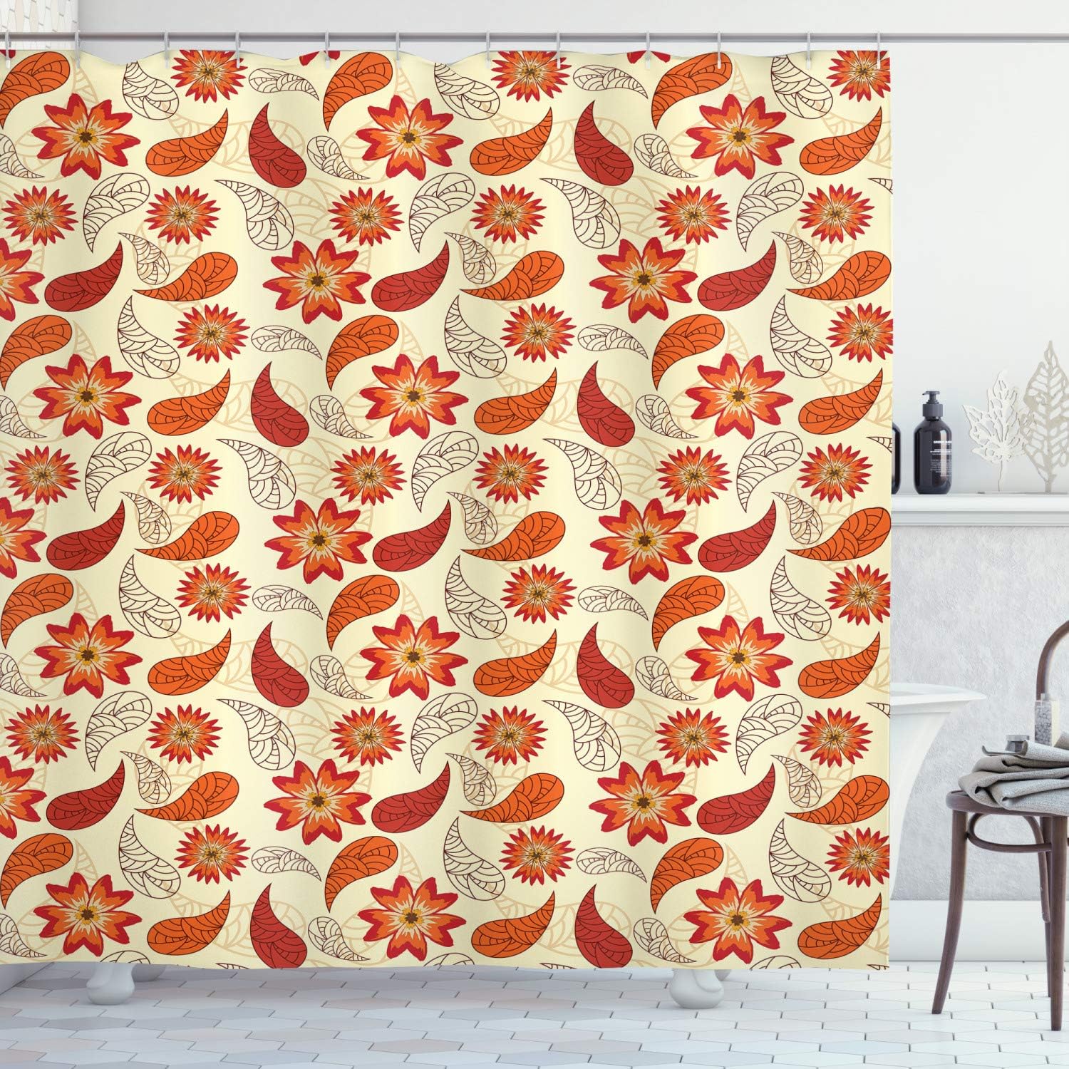 ABAKUHAUS Orange Shower Curtain, Red Poppy Flowers in Retro Style and Leaves Flourish Paisley Pattern, Cloth Fabric Bathroom Decor Set with Hooks, 78 Inches, Orange Red Peach