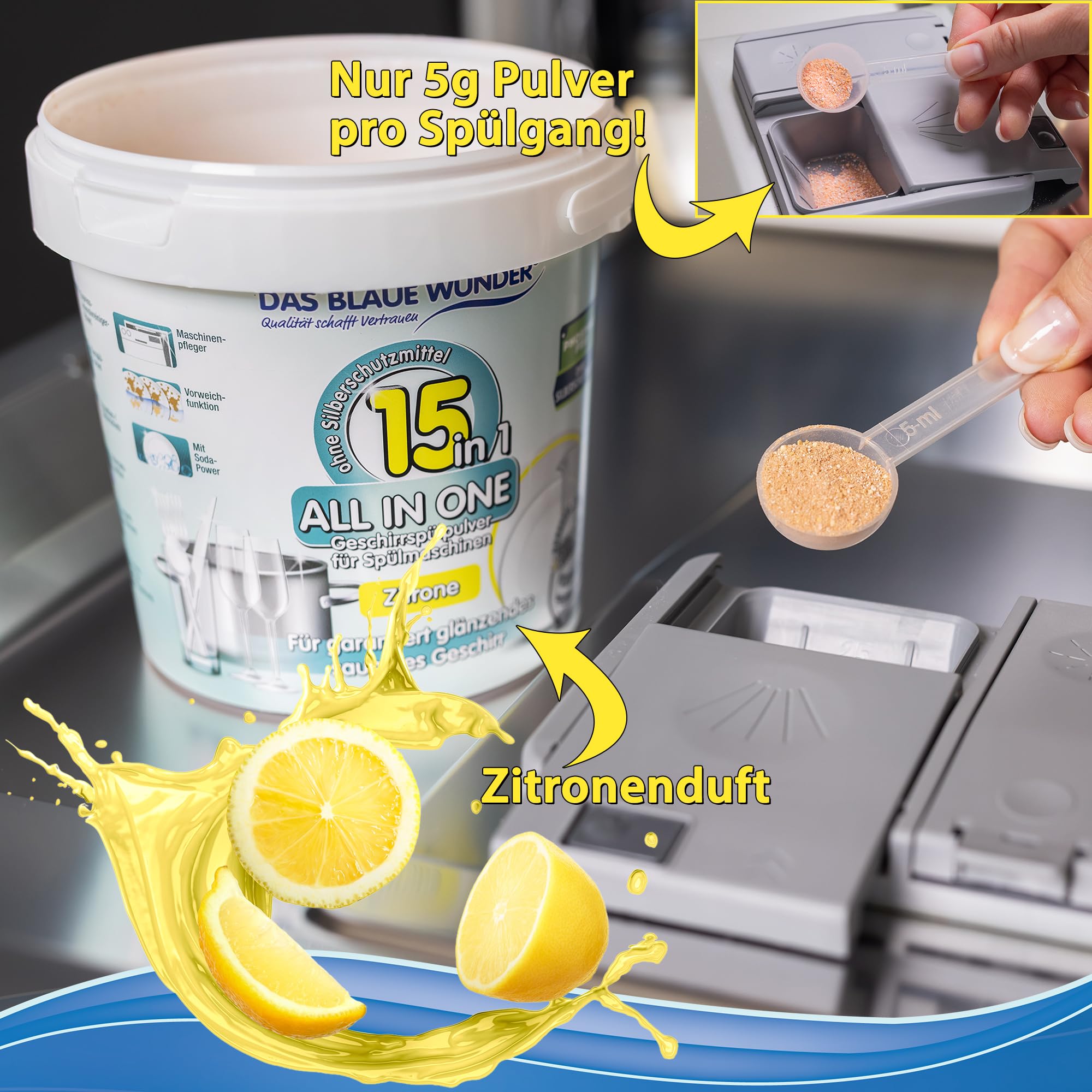Das Blaue Wunder All In One Geschirrspülpulver 15in1 1.000g | Spülmaschinenpulver | 15 Funktionen | sehr ergiebig | Power Entkruster | Maschinenpflege | phosphatfrei (Zitrone) 2