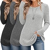 Huukeay 3 Pack Women's Long Sleeve Sweaters Lightweight Crew Neck Tunic Tops with Thumb Holes Loose Ribbed Curved Hem Shirts
