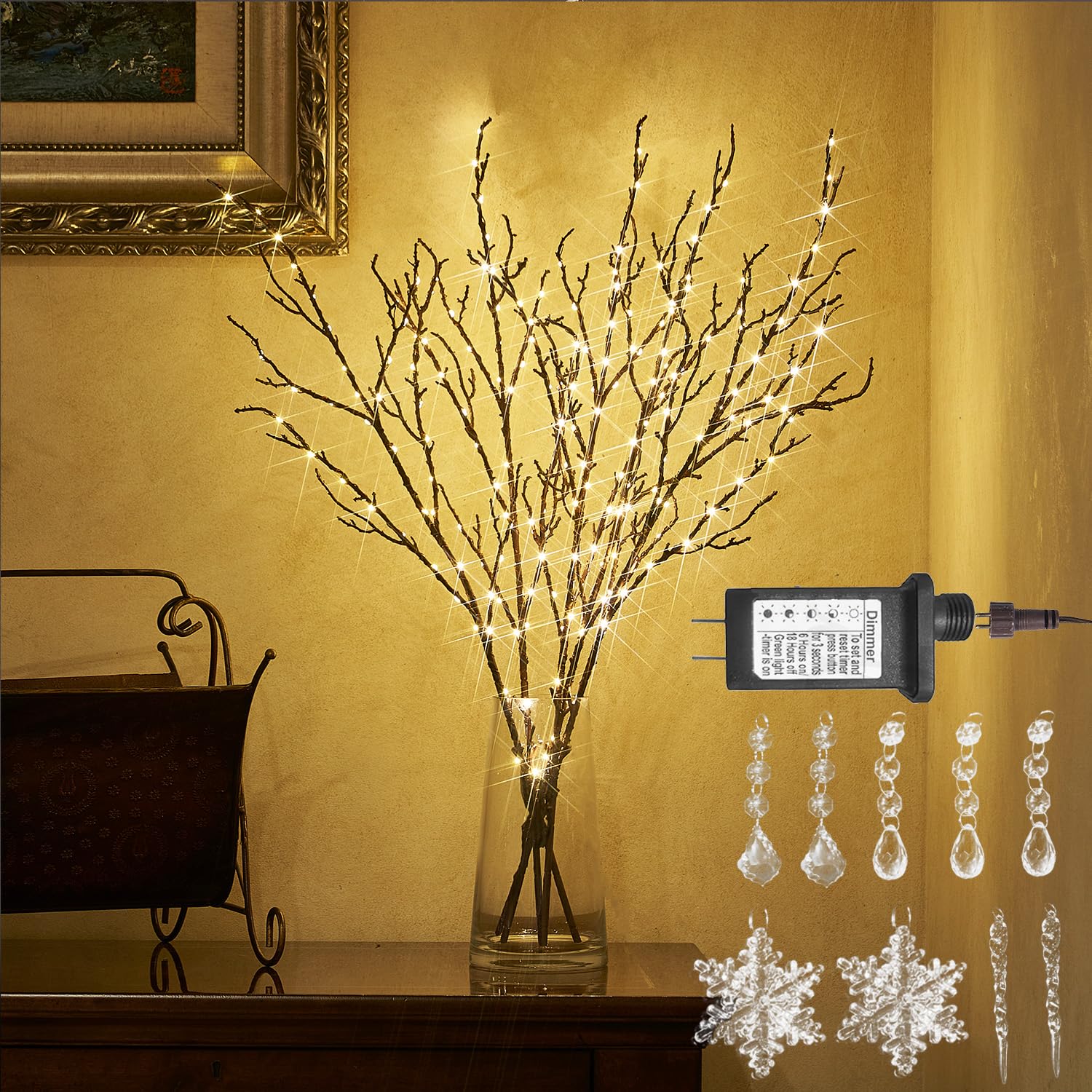 Photo 1 of Hairui Lighted Brown Twig Branches Plug in with Dimmer and Timer 32IN 200 LED Fairy Lights, Lighted Willow Branches for Indoor Outdoor Home Room Christmas Decoration (Vase Excluded)