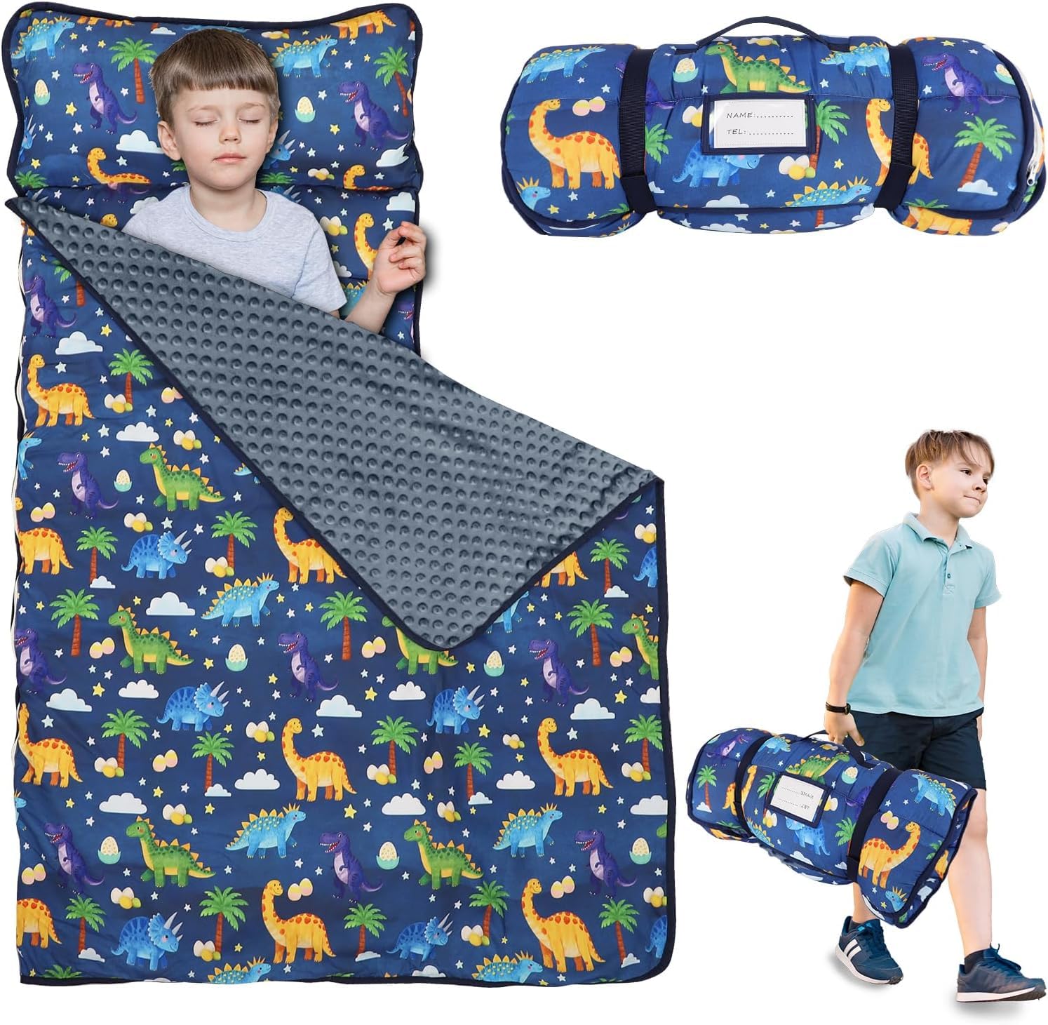 Hooyax Toddler Nap Mat with Pillow & Blanket - Extra Large Size for Toddlers Age 3-7 | Portable Kids Sleeping Bag for Daycare, Preschool, Travel | Roll Up Design for Kids