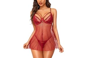 RSLOVE Sexy Lingerie Babydoll Chemise - Nighty for Women Mesh Nightgown Lingerie Dress with Underwire Polka Dot Nightdress