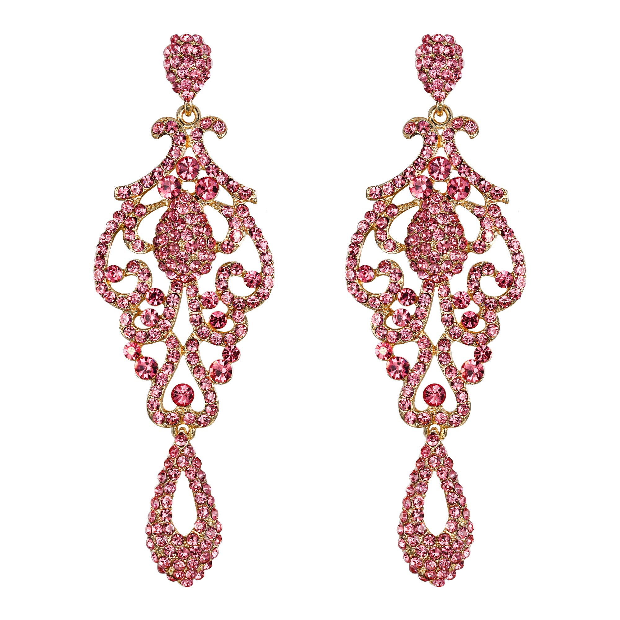 EVER FAITH Women's Crystal Wedding Vintage Flower Pattern Hollow Drop Chandelier Earrings Pink Gold-Tone