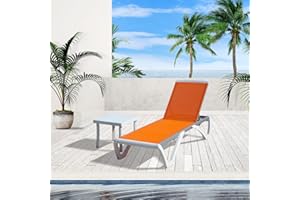 DOMI OUTDOOR LIVING Domi Pool Lounge Chair Aluminum Adjustable Outdoor Chaise Lounge,All Weather Plastic Poolside Lounge Chair with Table for Deck Lawn Backyard, Orange Textilene