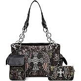 Camouflage Purse For Women Western Style Cross Studded Handbag CCW Camo Country Shoulder Bag Pouch Matching Wallet Set