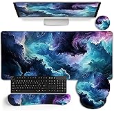 LIMKRIAN Galaxy Mouse Pad Set Large Desk Matt for Desktop, Ergonomic Mouse Pad with Wrist Rest, Gaming Mousepad Wrist Support Keyboard Mat Cup Coaster Set Cute Office Desk Decor Accessories