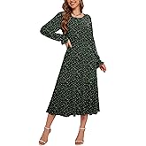 CYiNu Women's Midi Dresses Long Sleeve Crew Neck Flowy Casual Floral Boho Tiered Chiffon Smocked Elegant Dress