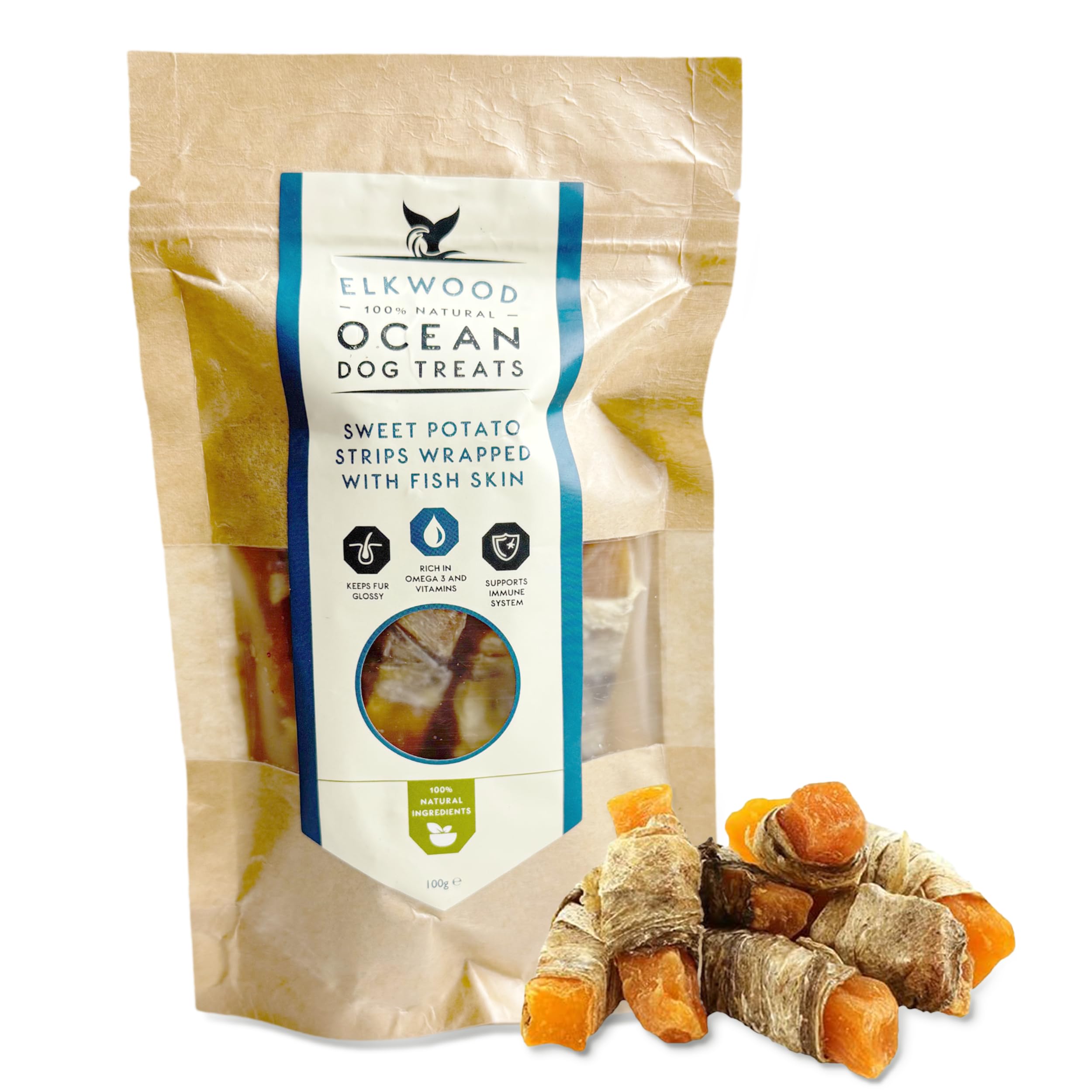 Elkwood Natural Dog Dental Chews 100g | Sweet Potato Strips Wrapped in Fish Skin | Low-Fat, High in Protein & Omega-3 Chew Treats for Healthy Digestion, Teeth Cleaning, Coat Health & Joint Support — image 1