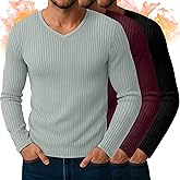 Baggyfly 3 Pack Men's V Neck Thermal Ribbed Shirts Cotton Long Sleeve Casual Underwear Slim Fit Stretchy Base Layer Tops