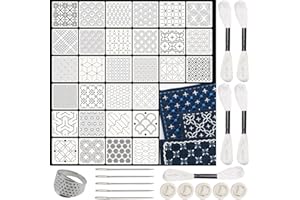 YINGLUBEN 46pcs Plastic Sashiko Stencil Kit, 30pcs 4.7 x 4.7 Inch Geometric Sashiko Embroidery Templates with Needles Thread 