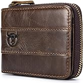 BULLCAPTAIN Mens Leather Wallet Zipper RFID Blocking Wallets Coins Purse (Deep brown)