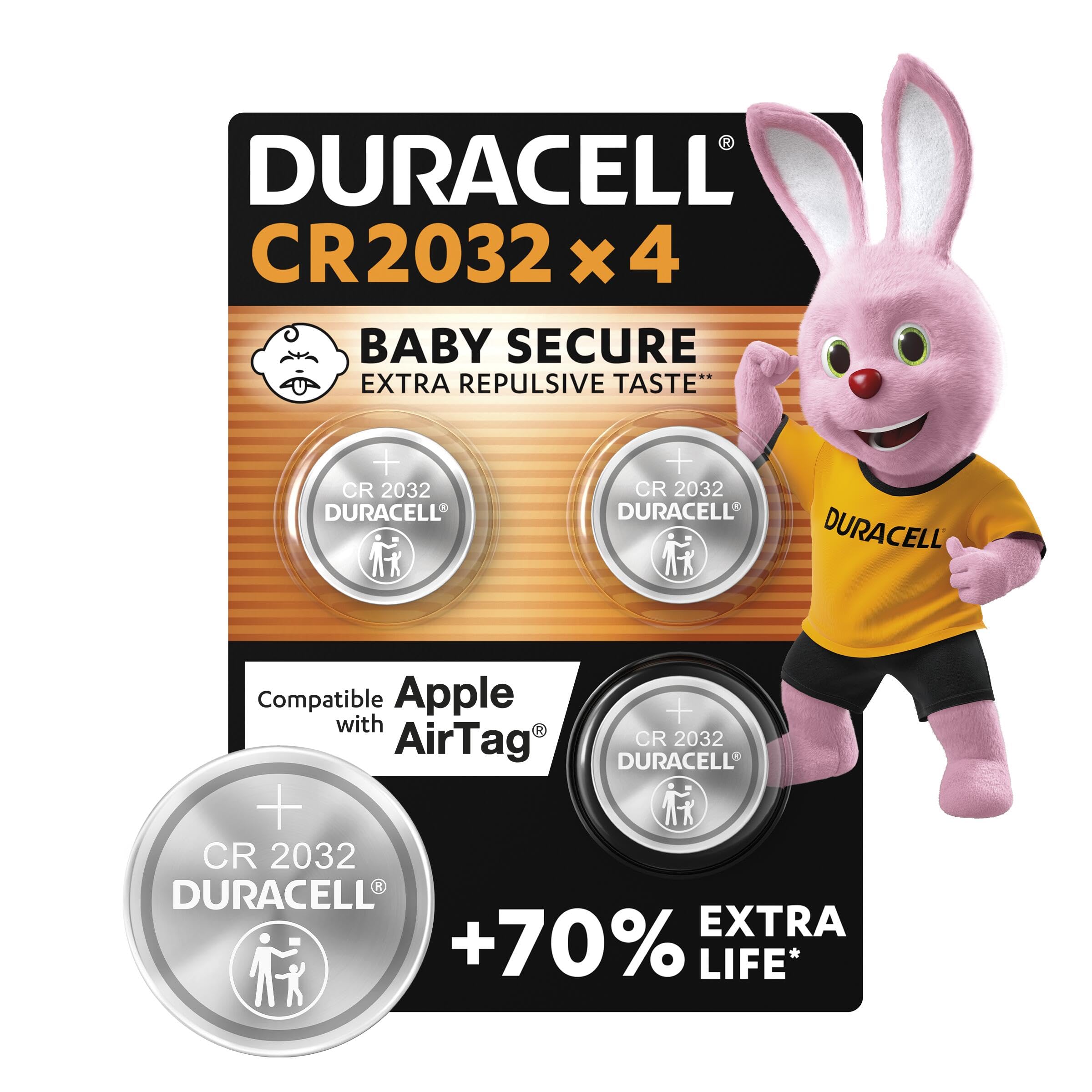 Duracell CR2032 Lithium Coin Batteries 3V (4 Pack) - Up to 70% Extra Life - Baby Secure Technology & Packaging – For Apple AirTags, Key Fobs, Home Devices, Fitness and Medical Accessories