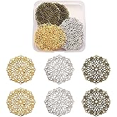 Pandahall 60Pcs 35.5x0.7mm Flat Round Iron Flower Filigree Wrap Charms Pendants Connectors Findings Mixed Color for DIY Jewelry Making