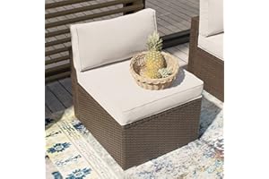 SUNBURY Patio Sectional Sofa Chair, Add-on Wicker Armless Chair in Off White Cushion, Brown Wicker Outdoor Furniture Seating for Backyard Garden Porch