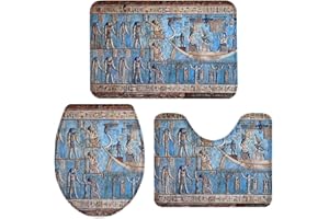 QUEENKER 3 Pieces Bath Rug Set Toilet Seat Cover Blue Slate of Ancient Egyptian Civilization Print Contour Rug, Pedestal Mat and Toilet Lid Cover，Non-slip Bathroom Floor Mat 20''x31''+16''x18''+16''x20''