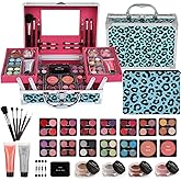 Anpro All-In-One Leopord Double Folding Makeup Carry Case with Pro Teen Makeup Set, Full Starter Kit with Makeup Brushes, Lipsticks, Eyeshadow Palette, Blushes, Glitter Gel, Ideal Present for Girls