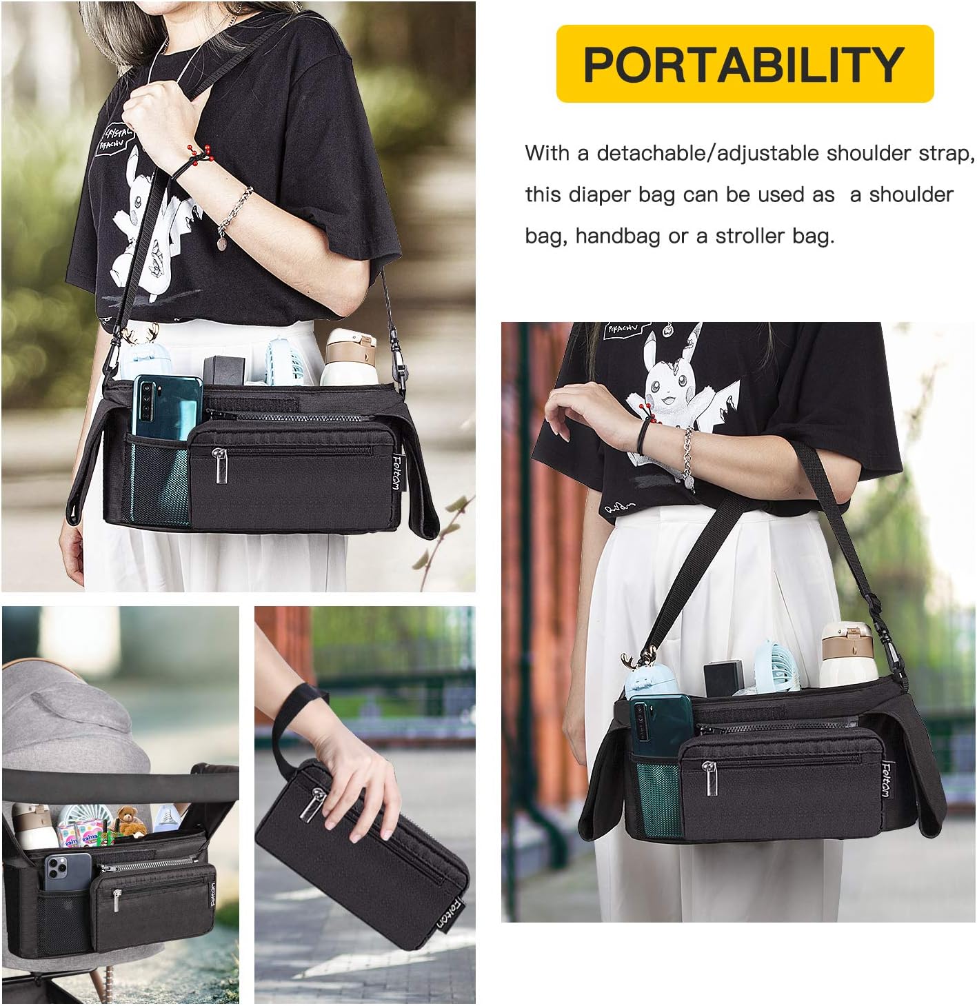 Feltom Baby Stroller Organizer, Universal Stroller Storage Bag with Cup Holders Waterproof and Detachable Phone Bag and Shoulder Strap, Stroller Accessories for Carrying Diaper, Phone, Toys and Snacks: Home Improvement