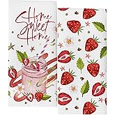 KGHYT Strawberry Kitchen Towels, Home Sweet Home Farmhouse Dish Towels, Spring Summer Kitchen Decor, 16x24 Inches, Set of 2(037)