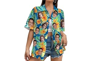 ONCUSTOM Custom Women Hawaiian Shirt W/Face Personalized Funny Causal Flower Floral Shirts w/Photo Tropical Beach Shirts