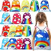 Capoda 16 Pcs Rainbow Party Favor Bags Bulk Colorful Rainbow Drawstring Bags Gift Treat Snack Birthday Backpack for Girl Kids Birthday Party Supplies Decoration, 10x12 Inch