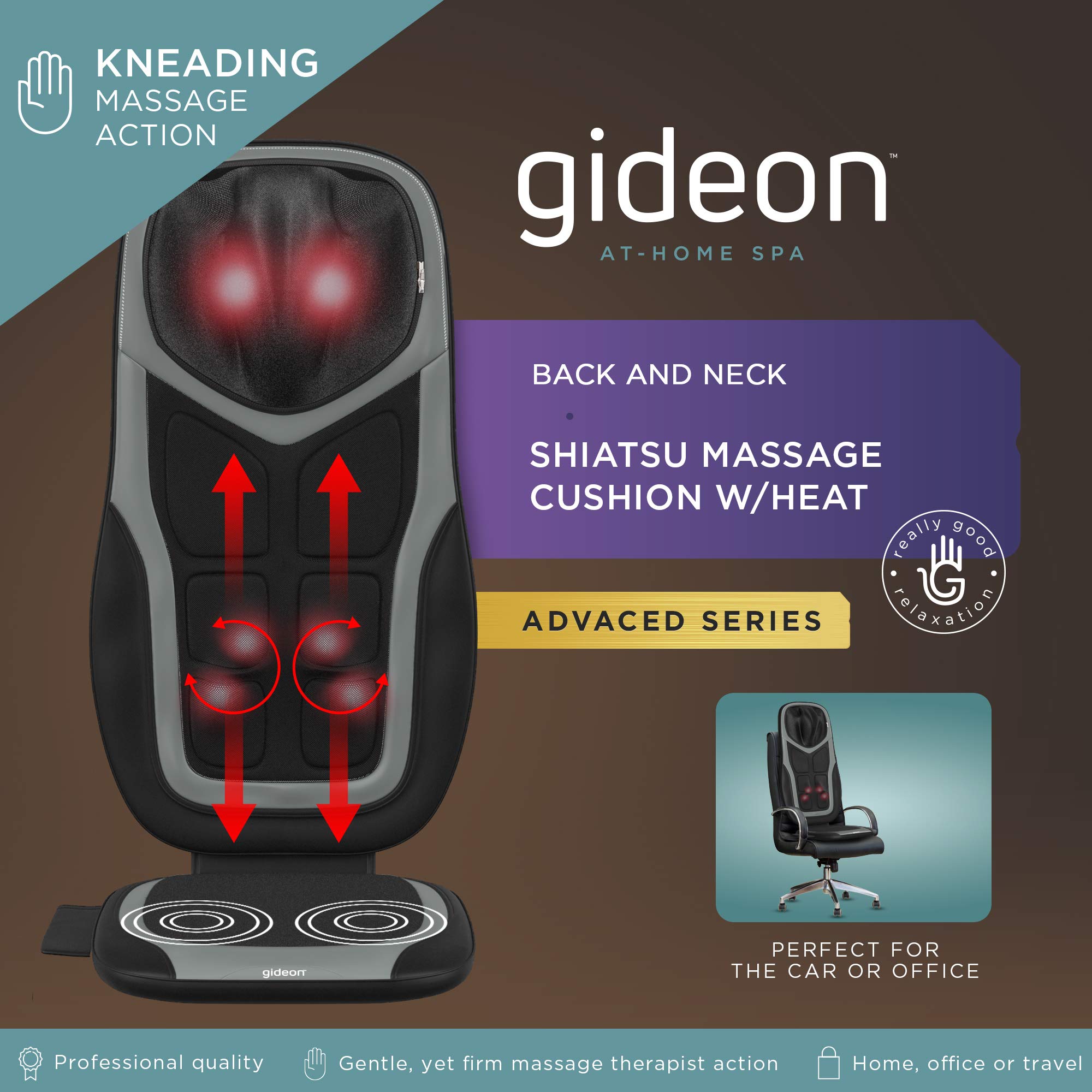 Gideon Shiatsu Neck and Back Massage Seat Cushion with Six Programs and Heat Deep Kneading Back Massager for Car, Home or Office Chair Use