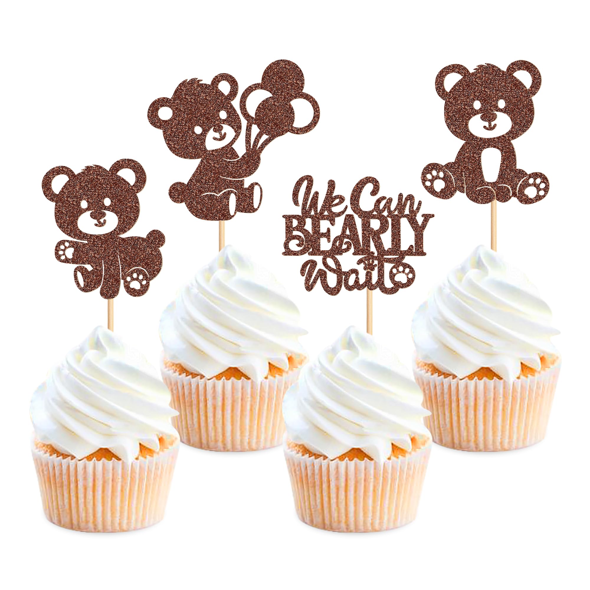 24PCS We Can Bearly Wait Cupcake Toppers Sparkling Balloon Bear Cupcake Toppers Little Bear Theme Baby Shower Decorative Supplies Gender Revealing Theme Children's Birthday Party Supplies Brown