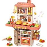 Kids Kitchen Play Set，Interactive Kids Kitchen Play Set with 50Pcs of Pretend Kitchen Toys，Realistic Sound Effects，and Simulated Functionality - Suitable for Toddlers Aged 3-5 Years(Pink)