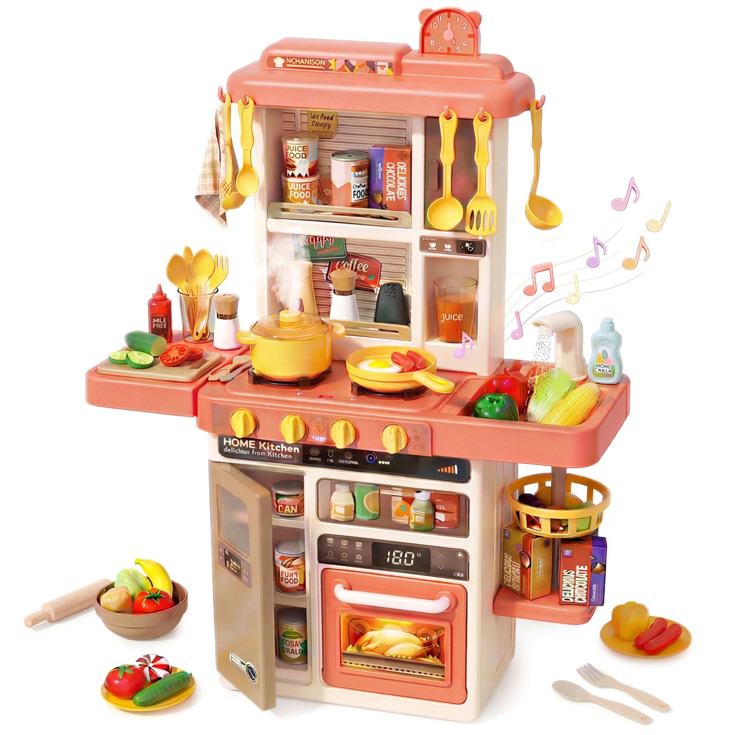 Kids Kitchen Play Set,Interactive Kids Kitchen Play Set with 50Pcs of Pretend Kitchen Toys,Realistic Sound Effects,and Simulated Functionality - Suitable for Toddlers Aged 3-5 Years(Pink)