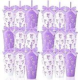 Skylety 24 Pcs 24oz Bow Plastic Cups with Lid Straw and Ribbon Set Bow Covers Reusable Party Drinking Cups for Wedding Baby Shower Birthday Party Favors(Purple)