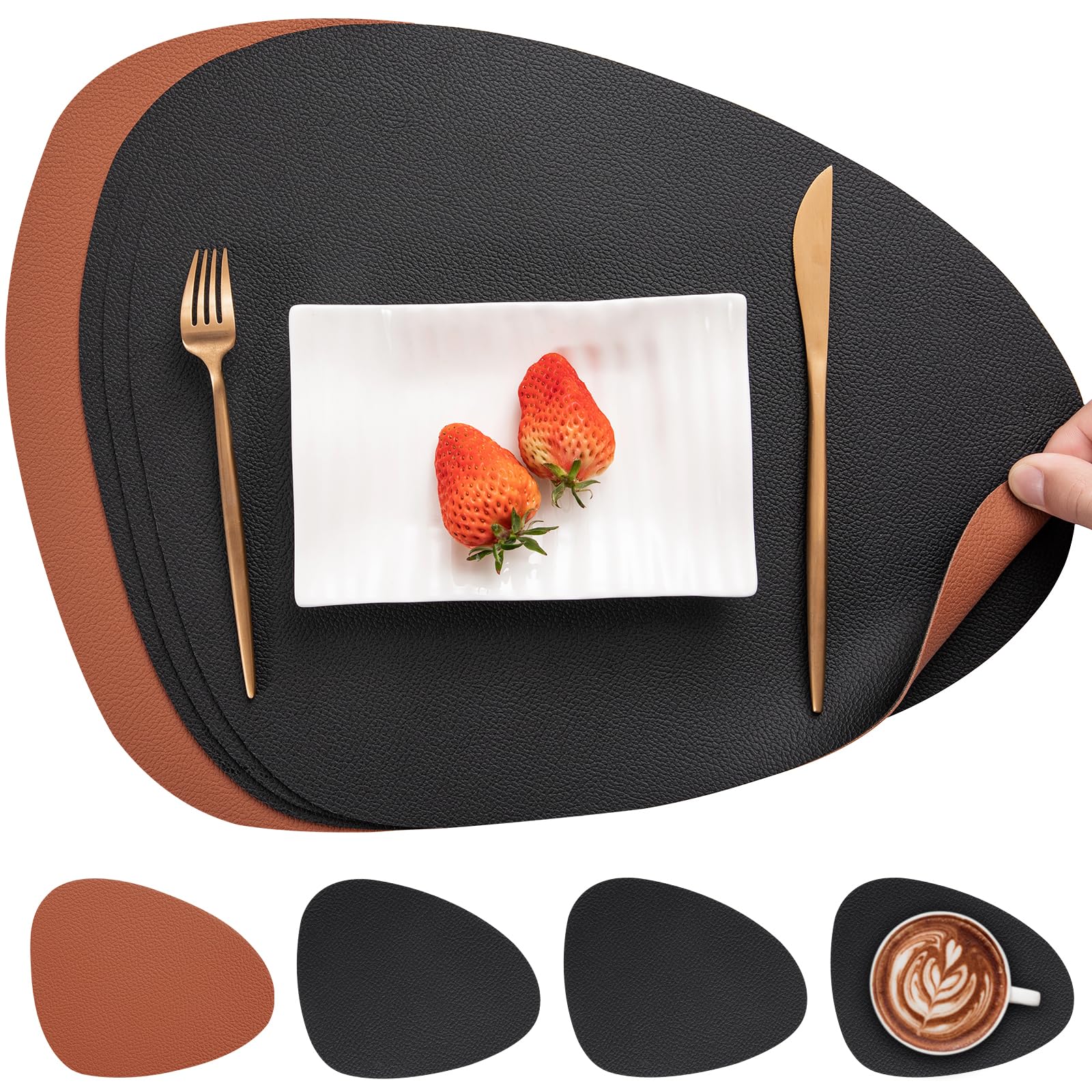 Myir JUN Leather Table Mats and Coasters, Placemat Round PU Waterproof Dual-Sided Kitchen Place Mats Coffee Mats Non-Slip Washable Placemats and Coaster Sets 4 (Set of 4, Black Brown)