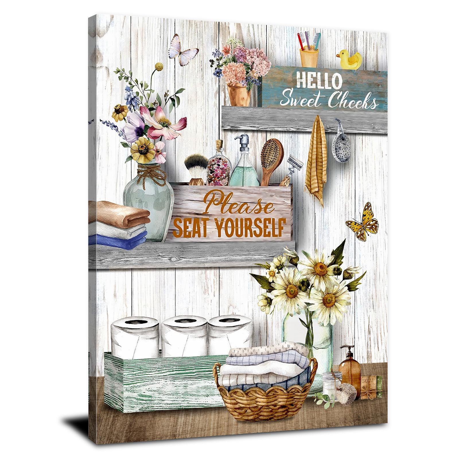 Bathroom Wall Art Funny Bathroom Pictures Hello Sweet Cheeks Please Seat Yourself Canvas Pictures Rustic Butterfly Flower Wall Painting Farmhouse Decor for Restroom Toilet Home Decorations 30x40cm