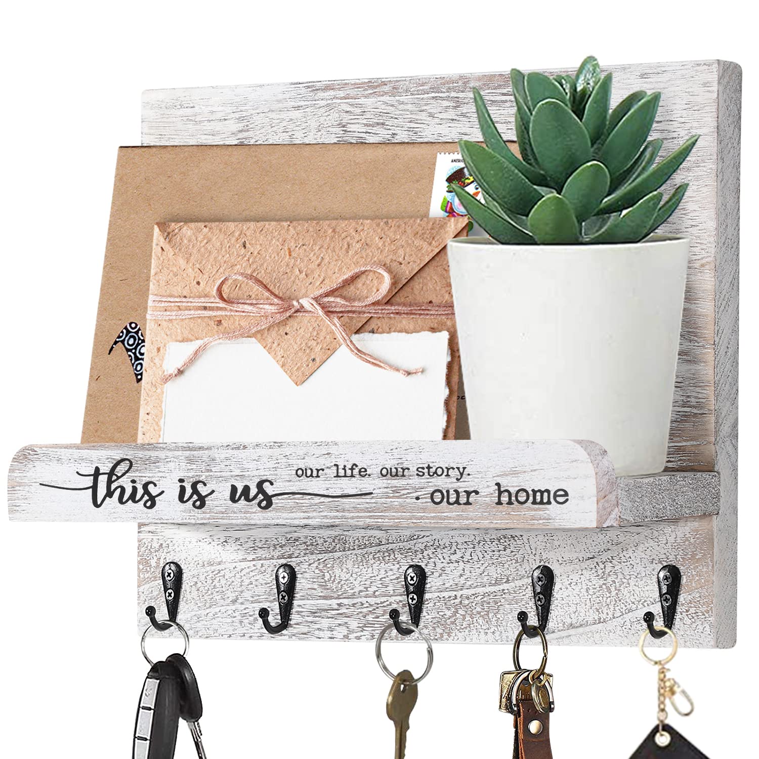 AOAOPQ Key Holder for Wall Decorative with Key Hooks Wall Mounted for Hanging Rustic Wood Key This is us Organizer for Entryway Living Room Bedroom Kitchen Hallway Key Hanger Antique White