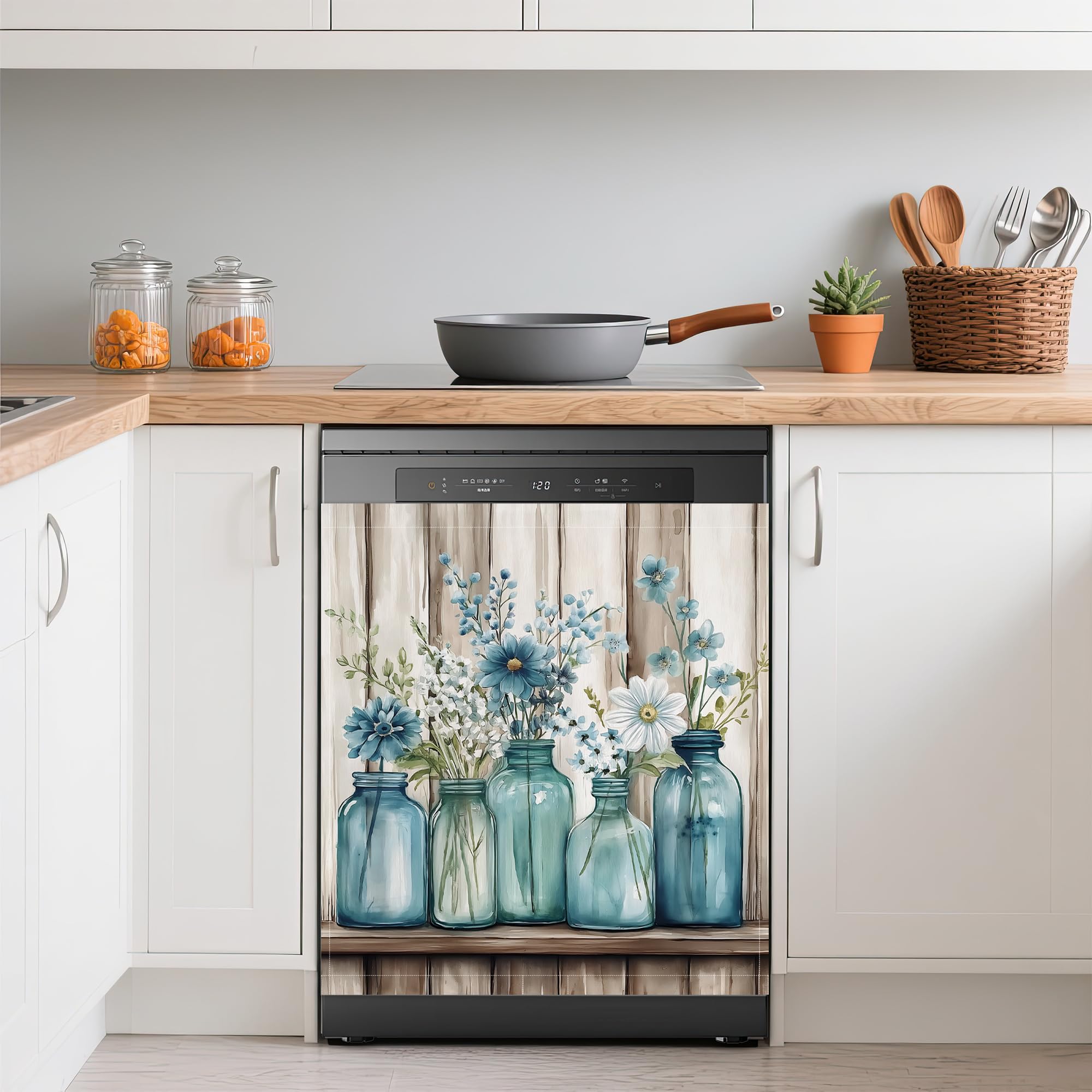 Photo 1 of **Missing Parts - Missing the magnets**
Blue Mason Jars Flowers Dishwasher Magnets Decorative Cover,Rustic Wooden Boards Waterproof Magnetic Dishwasher Cover Panel,Refrigerator Magnet Cover for Kitchen Home Decor 23x26 Inch