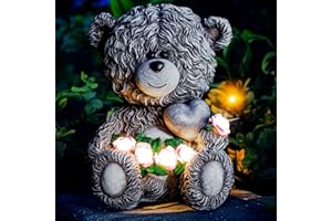 YDKOJGW Solar Garden Outdoor Statues Bear with Heart and Pink Flower and 5 LED Lights-Lawn Decor Bear Statue for Patio, Balcony, Yard Ornament-Unique Mother's Day and Housewarming Gifts for Mom, Women