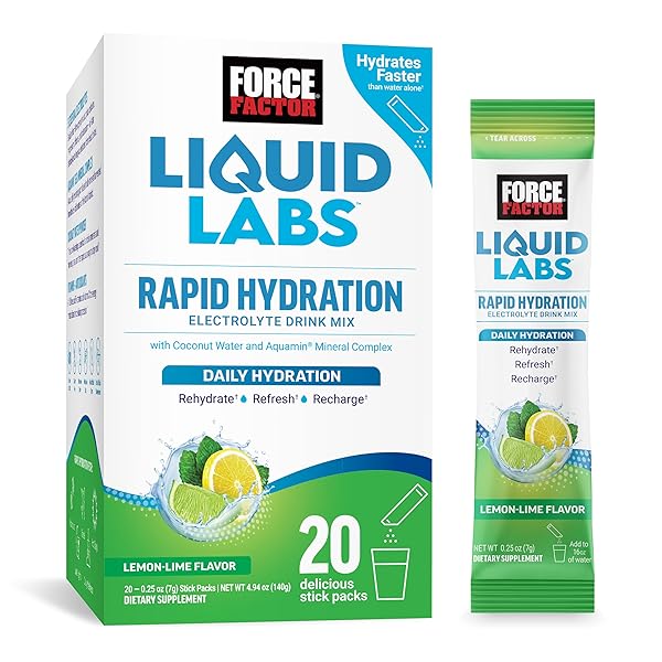 FORCE FACTOR LIQUID LABS ELECTROLYTES POWDER PACKETS—LEMON LIME—HYDRATION PACKETS TO MAKE ELECTROLYTE WATER WITH 5 ESSENTIAL ELECTROLYTES, VITAMINS, MINERALS, AND ANTIOXIDANTS, 20 STICK PACKS
