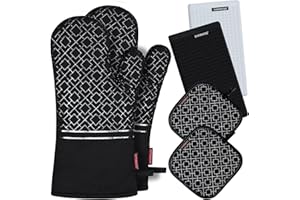 SHAWNTOO Oven Mitts and Pot Holders Set 6pcs, Kitchen Oven Glove,High Heat Resistant 550 Degree Extra Long Oven Mitts and Potholder with Non-Slip Silicone Surface for Cooking Baking Grilling…