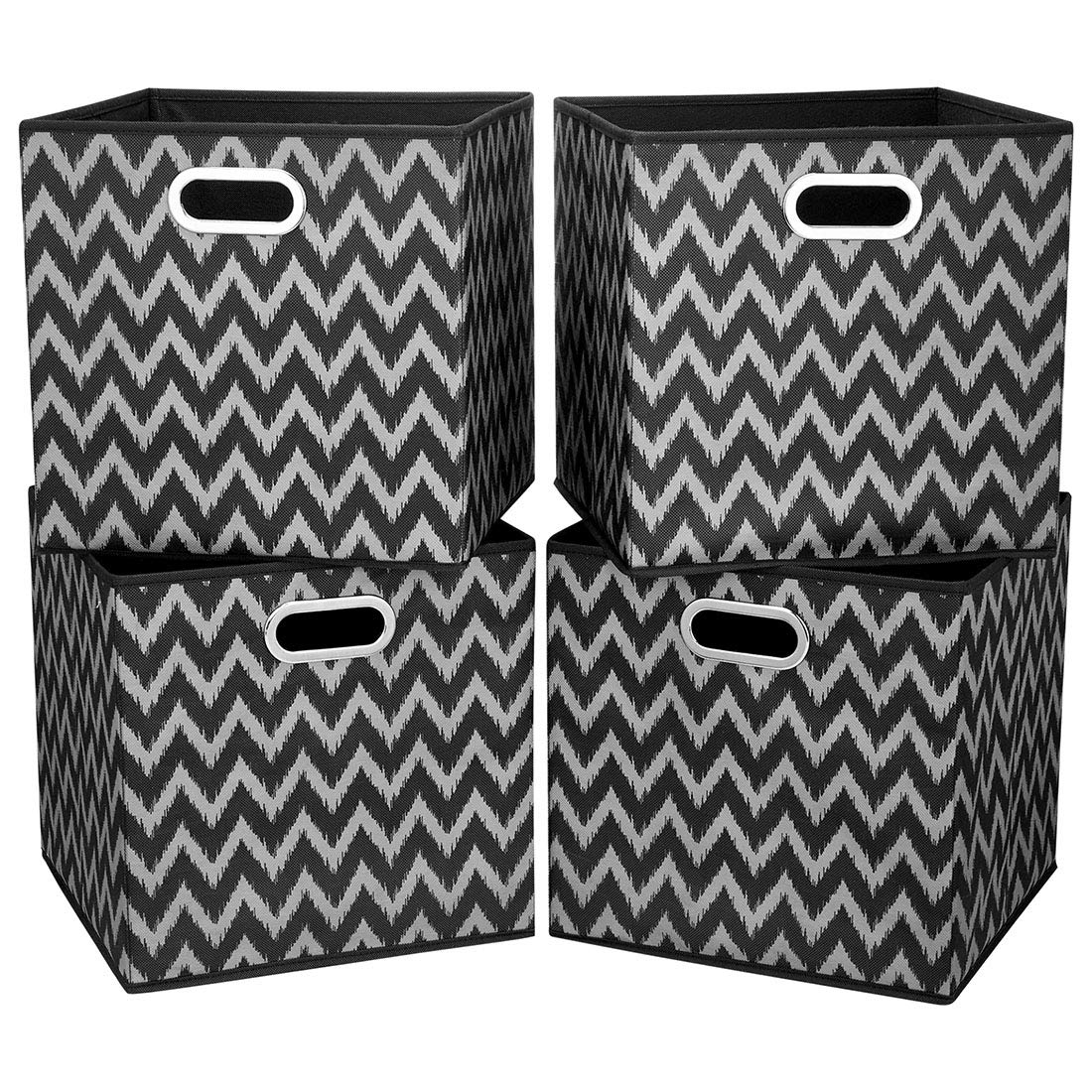 i BKGOO Cloth Storage Bins Set of 4 Thick Fabric Drawers Foldable Cubes Basket Organizer Container with Dual Metal Handles for Shelf Cabinet Bookcase Boxes Grey-Black 13x13x13 inch