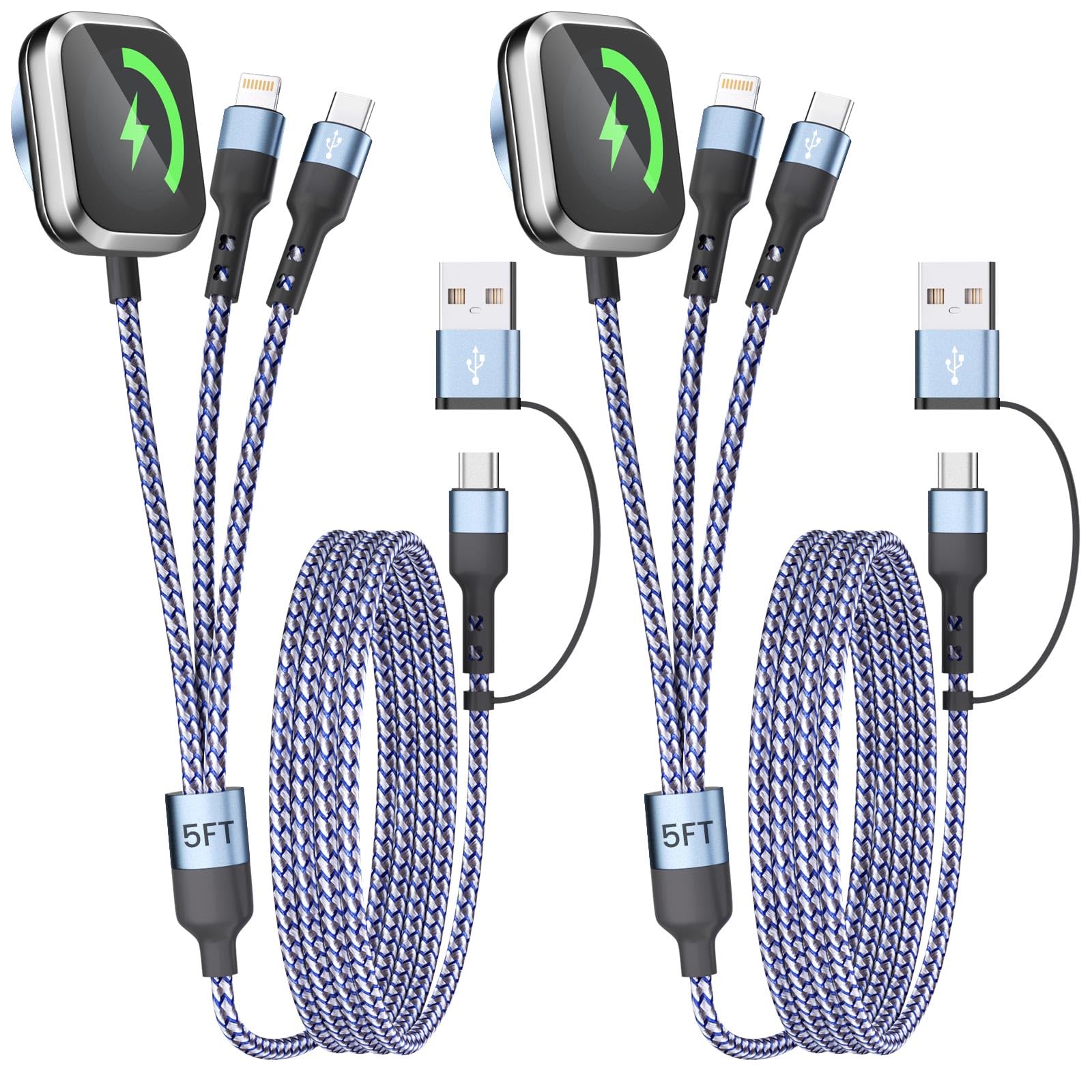 Photo 1 of 3 in 2 Multi Charging Cable for iWatch Charger/iPhone Charger/CarPlay Cable, Travel Vacation Essentials, (2Pack 5FT) USB C/L/iWatch Charging Cords for iWatch 11-1/iPhone 17-12, Android Car, Blue