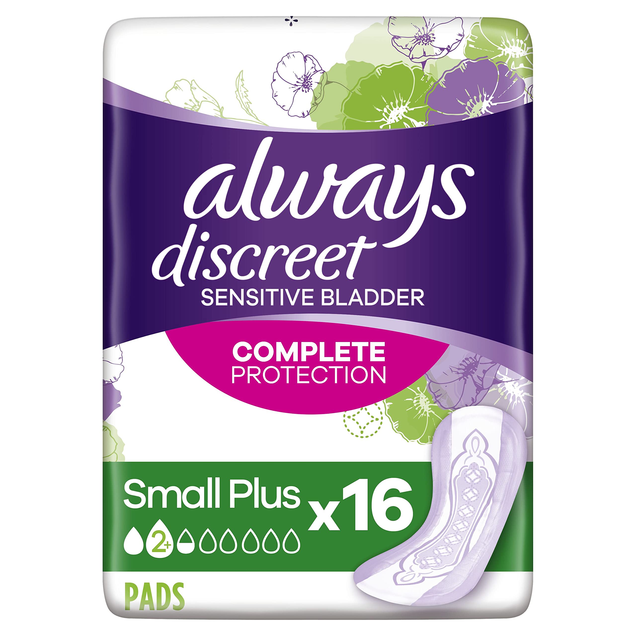 Always Discreet Sensitive Bladder Incontinence Pads Liners Small Plus - 16 Pads